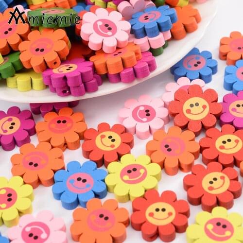 30Pcs/Lot 22mm Wood Sunflower Beads Multicolor Smiley Face Spacer Beads For Jewelry Making Necklace Earring DIY Supplies