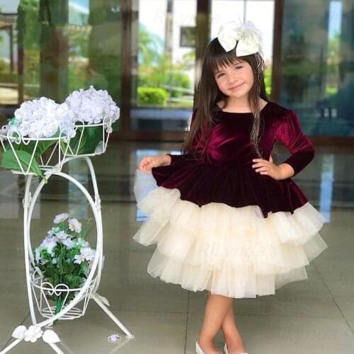 Velvet Puffy Flower Girl Dresses Long Sleeves Illusion Back Girl Wedding Party Dress Bow Birthday Dress Winter 2021 Christmas