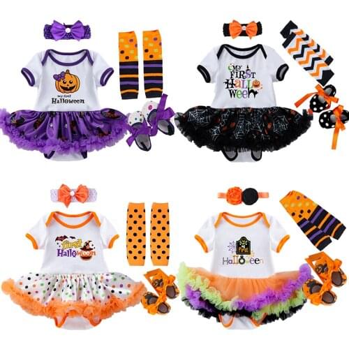 Baby Rompers Costume Halloween Infant Toddler Short Sleeve Clothes Set Lace Tutu Romper+Headbands+Leg Warmer+Shoes Bebes Cosplay