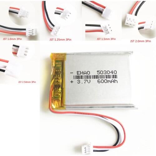 3.7V 600mAh 503040 lipo polymer lithium Rechargeable battery JST 3pin connector for MP3 GPS DVD bluetooth recorder ebook camera