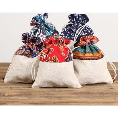 Patchwork Elegant Linen Cloth Pouch Velvet Drawstring Jewelry Cosmetic Storage Bag Travel Protection Bag Collection Bag 2pcs/lot