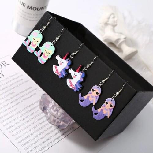 6 Kinds Fancy Colors Cartoon Unicorn Horse & Mermaid Cute Dangle Earrings for Girls Kids Drop Earrings for Women
