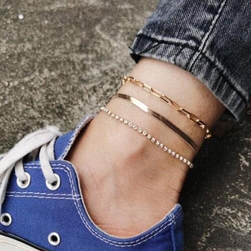Multi-Layer Rhinestone Flat Snake Chain Anklets Set Ladies Gold Metal Anklet Womens Ankle Bracelet Bohemian Sandal Jewelry