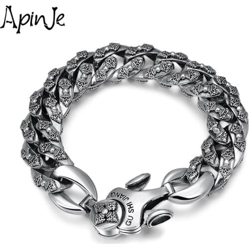 Apinje Vintage 925 Sterling Silver Bracelet for Men Personality Punk Hip Hop Rock Vajra Heavy Bracelet