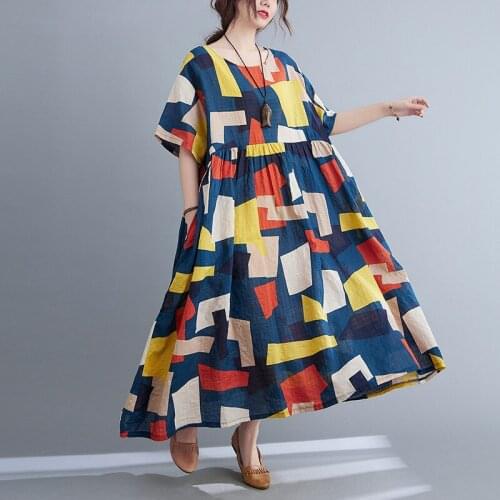 Soft Cotton Linen Loose Dress 2021 New Arrival Plus Size 5XL 6XL Women Travel Casual Dress Print Vintage Long Maxi Dress