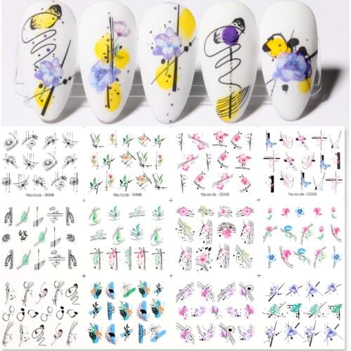 Harunouta 12Pcs Spring Simple Flower Leaves Nail Water Stickers Sexy Girl Geometric Lines Decals Slider DIY Nail Art Decoration