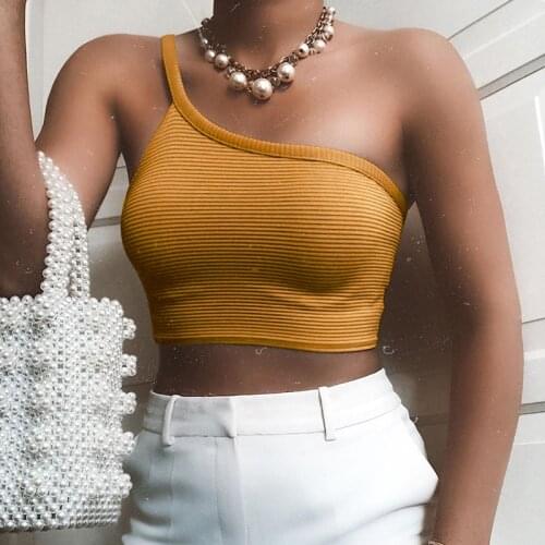 New 2020 Womens Casual Vests Crop Tops Irregular One Shoulder Straps Summer Fashion Solid Color Short Tanks Camis Female