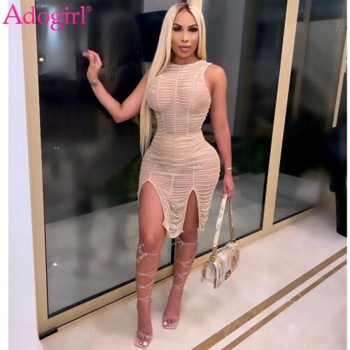 Adogirl Sexy Sheer Mesh Ruched Split Mini Dress Women Fashion Tank And Long Sleeve Bodycon Vestidos Night Club Pleated Robe
