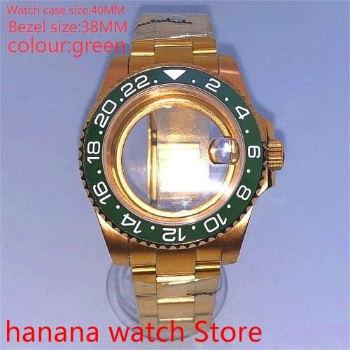 Suitable for pearl automatic winding 40mm sapphire glass transparent back gold box series, with rotating beze green