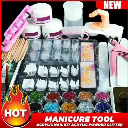 Full Set Acrylic Powder Nail Art Tool Starter Kit Nails Tips Brush File Form DIY Kit For Beginners Nail Glitter Powder Manicure