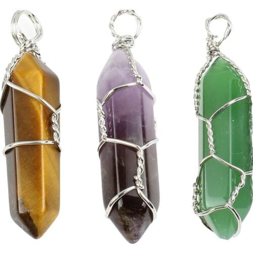 Wire Wrap Hexagon Pointed Cut Gemstones Healing Energy Natural Crystal Point Pendant Necklaces Hand Wrapped