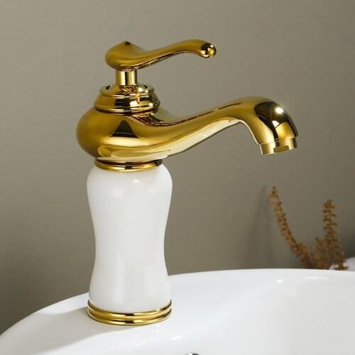Luxury Gold Brass Natural jade Bathroom Sink Faucet Golden Art Basin Mixer Taps Single Handle Lavatory Faucet,Gold Finish