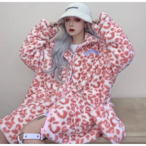 Pink Leopard Pattern Cashmere Sweatshirt Jacket Streetwear Winter Loose Casual Zipper Cotton Loose Medium Length Cotton Tops