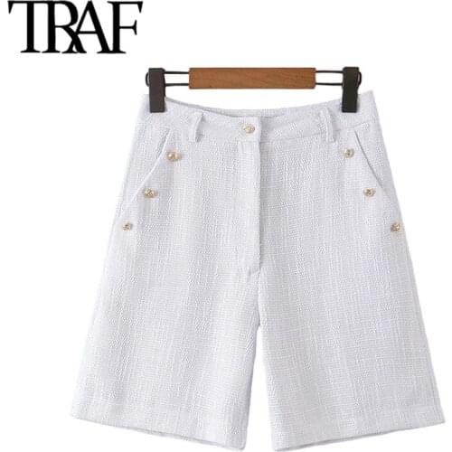 TRAF Women Fashion Side Pockets With Buttons Tweed Shorts Vintage High Waist Zipper Female Short Pants Mujer