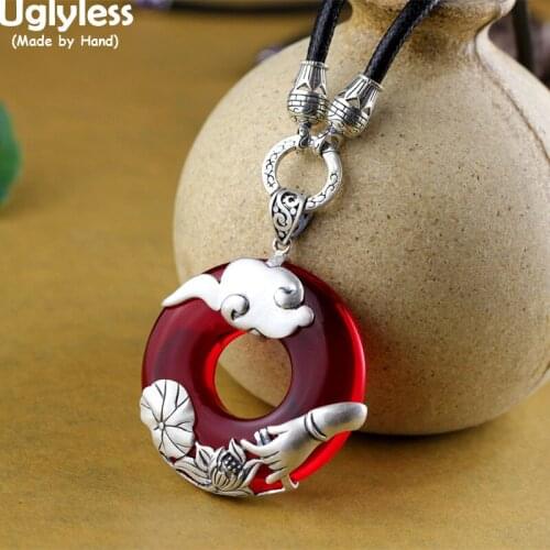 Uglyless Thai Silver Lucky Cloud Buddha Hand Lotus Jewelry for Women 925 Silver Necklaces NO Chain Garnet Peace Buttons Pendants