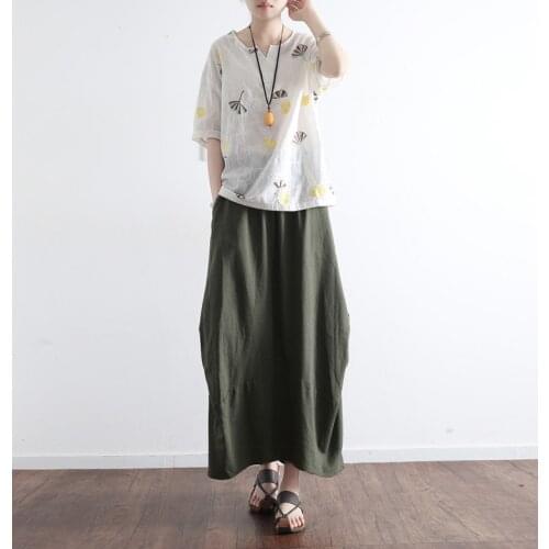 Women Summer Autumn Cotton Linen Solid Color Skirts Ladies Elastic waist Vintage Skirt Female 2020 Skirt