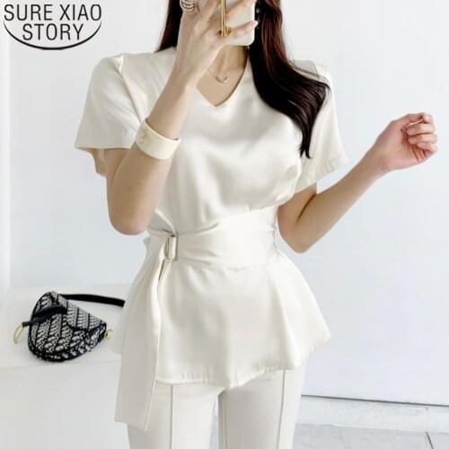 2021 Fashion V-neck Women Chiffon Blouse with Sashes Elegant Summer Satin Blouse Ladies Tops Blusas Mujer De Moda Verano 13954