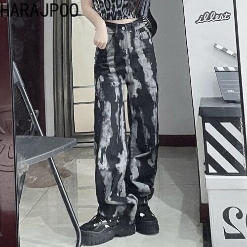 Harajpoo Women Pants Korean INS Harajuku Style Street Retro Tie Dye Loose Couple High Waist Thin Wide Leg Straight Trend Jeans