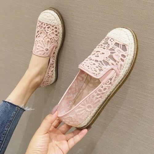 Two Style breathable lace hemp round toe loafers woman moccasins flats shallow women shoes slip on slingback espadrilles 2020