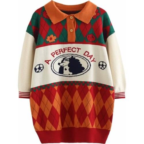 Cartoon Embroidery Women Knitted Sweaters Long Sleeve Turndown Collar Pullovers 2020 Winter Contrast Color Loose Jumper Sueter