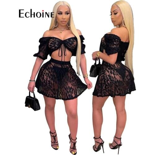 Echoine Women Mesh Sheer Two Dress Sets Sexy Club Party Sets Short Sleeve Card Shoulder Short Top Lace Mini Short Skirt Outfits