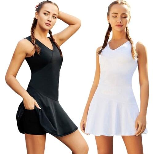 2pcs Set Women Tennis Outfits Sleeveless V-Neck Sports Mini Dress+Mesh Shorts Ladies Badminton Dresses With Shorts Gym