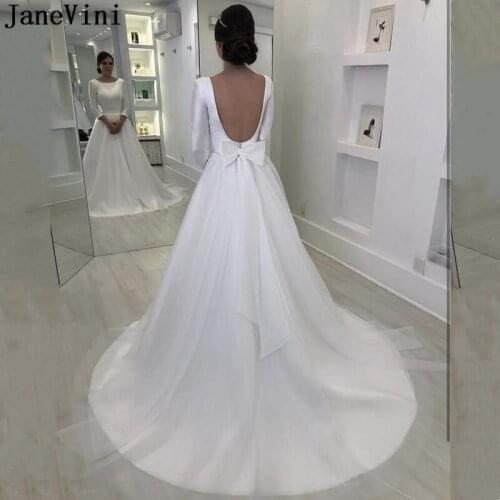 JaneVini Tulle And Satin Bow Back Wedding Dresses With Sleeves Elegant Backless 3/4 Sleeves Bridal Gowns White A Line Robe Satin