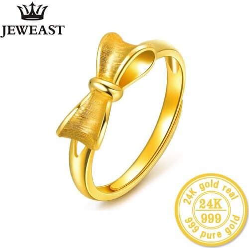 HMSS 24K Gold Pure Real Solid Au999 YELLOW Opening Cartoon Mini Bowknot Female Ring Gift As Girlfriend Exquisite Fashion Ring