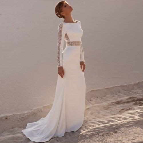 Vestidos Sexy Wedding Dresses Jersey Lace Pleat Bateau Full Sleeve Backless A-Line Bridal Gowns Novia Do 2021
