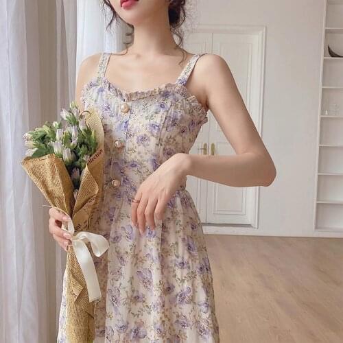 Summer Womens Dress 2021 Vintage Franch Floral Print Pearl Buckle Chiffon Strapl Party Dress Holiday Lady Korean Romantic Gown