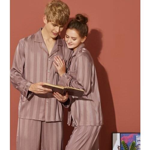 M-XXXXL Couple 2PCS Satin Pajamas Suit Spring Autumn New Striped Sleepwear Turn-down Collar Shirt&Pant Nightwear Casual Homewear