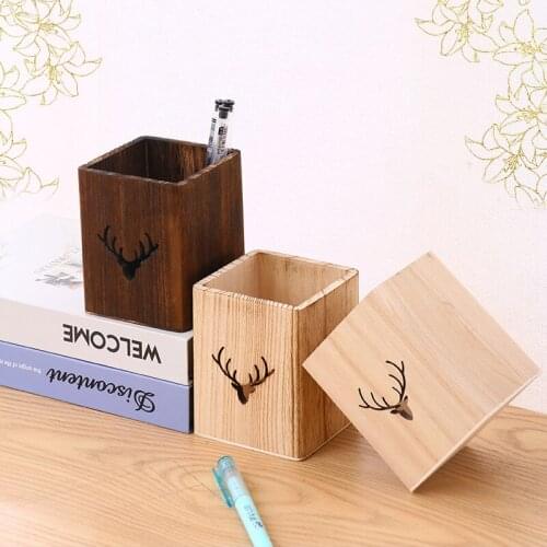 Cute Pattern Wooden Square Pen Holder Makeup Brushes Tools Cup Holder Case Creative Office School Desktop Storage Pencil Box