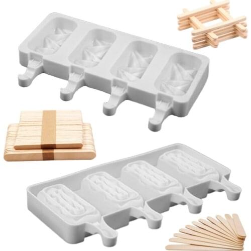 DIY Household Kitchen Silicone Ice Cream Mold 4 with Popsicle Ice Cream Mold with 50pcs Pack Wooden Plain Ice Lolly for Kids