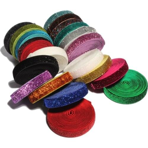 200Yards 5/8" Rainbow Glitter Fold Over Elastic Ribbon FOE for Kids Hair Accessories Girls Elastic Headbands Hair Ties Hairbow