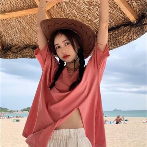 Cotton short sleeve T-shirt womens 2021 summer new loose fashion design sense side split round neck top womens fashion