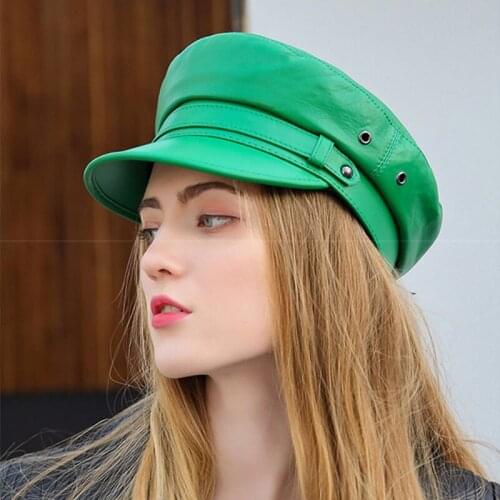 Fashion German Military Hats Men Women Genuine Leather Flat Top Caps Novelty Green/Brown Sheepskin Captain General Navy Chapeau