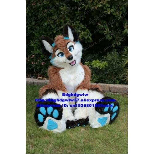 Brown Long Fur Furry Fox Husky Dog Wolf Fursuit Mascot Costume Adult Character Suit Anime Costumes Welcome The Doorman zx3024
