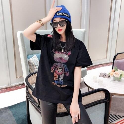 Summer half-sleeved doll short-sleeved t-shirt with bricks, female round neck loose and thin college style T-shirt