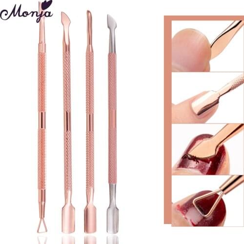 Monja 4 Styles Rose Gold Dual End Stainless Steel Nail Art Cuticle Pusher Dead Skin Cleaning Remover Files Manicure Care Tool