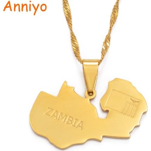 Anniyo Zambia Map Flag Pendant and Necklaces Gold Color Zambian Jewelry Gifts #109121