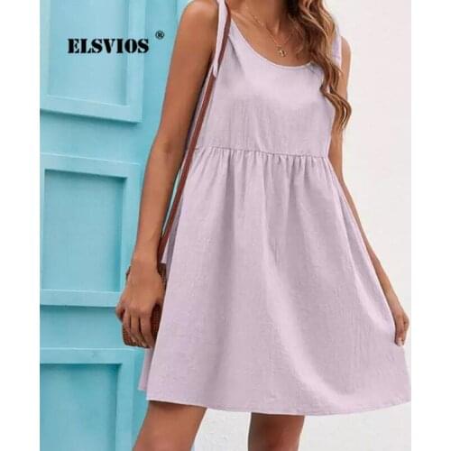 Simple Casual Solid Color Fashion Summer Women Sling A-line Dress Elegant Slim Cottin Linen Patchwork Sleeveless Lace-up Dresses