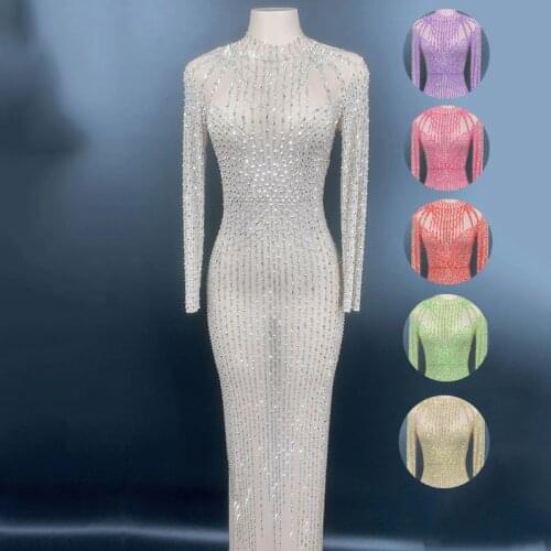 Gold Rhinestones Transparent Long Dress Birthday Celebrate Mesh Outfit Evening Stage Costume Women Nightclub Party Dresses DT3