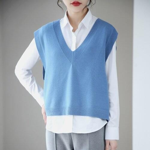 Early Spring New Sweater Woman V-neck Sleeveless Vest Pure Cotton Knitted Pullover Short Paragraph Waistcoat Vest