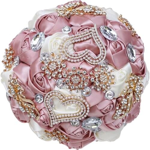 Luxury Bride and Bridesmaid Wedding Bouquet Leather Pink Diamond Ribbon Artificial Rose Sisters Bouquet Promotion W309