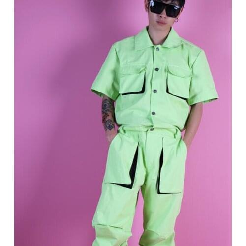 Shirt men short sleeve shirt Three-dimensional bag tooling shirt mens singer Light green partial fluorescence B643