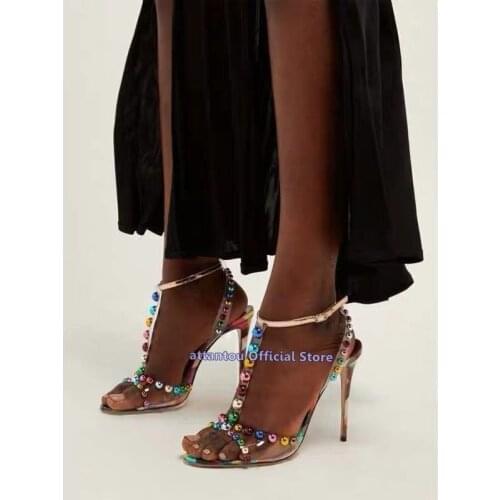New Spring Summer Colorful Crystal T-bar thin high heeled strappy Ankle wrapped sandals women narrow band dress shoes plus 46