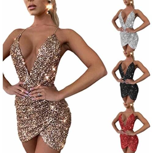 Sexy V-Neck Sequin Glitter Women Dress Female Backless Sleeveless Bodycon Mini Dresses Evening Party Fashion Club Wrap Vestido