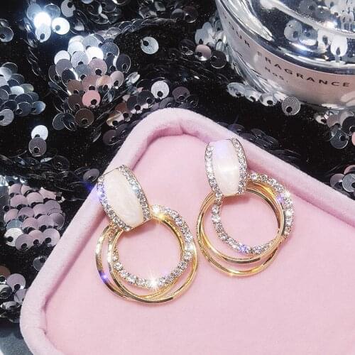 LUBOV Fashion Rhinestone Inlaid Gold Color Metal Loop Stud Earrings Big Round Circle Pendant Stud Earrings Women Party Jewelry