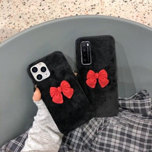 Chic DIY Bowknot Girl Style Phone Case for iPhone 12 Mini 11 Pro Max 7 8 Plus 6 6S SE 2020 XR X XS New Warm Plush Cover