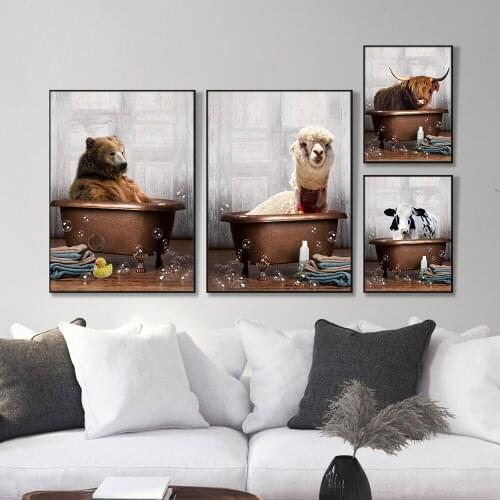 Nordic Modern Canvas Painting Llama Cow Bear Alpaca Elephant Wall Art Animal In Bathtub Posters Prints Pictures Kids Room Decor